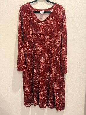 LuLaRoe Long Sleeve Floral Swing Dress in Deep Red and Light Pink size L